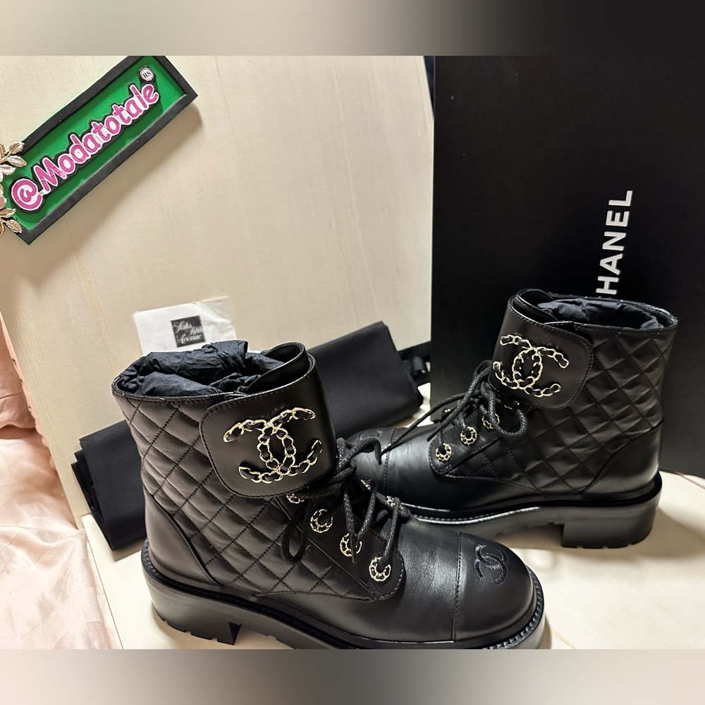 Chanel Quilted Combat Boots in Size 37.5 with Box & Dust bags.